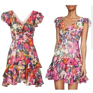 SALONI Silk Floral Flutter Sleeve Tiered Ruffle Embroidered V-Neck Dress Size 10